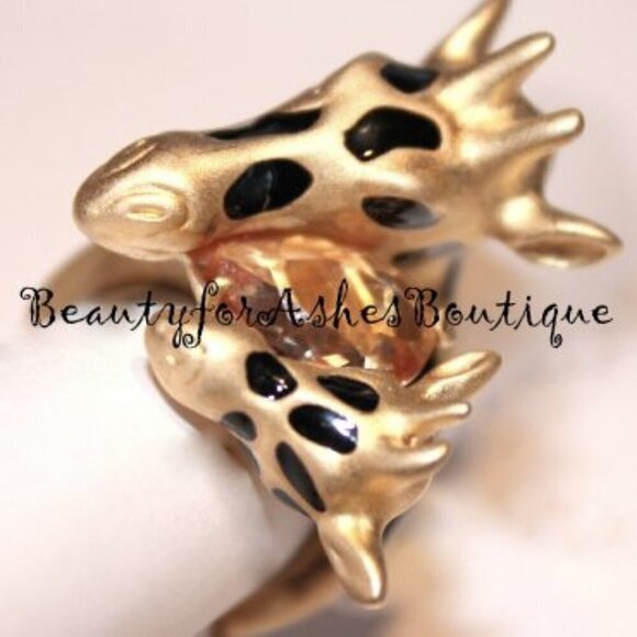 Mom & Baby Animal Giraffe Head Zoo Matte Gold Plated Topaz Crystal Ring Size 7 - Picture 1 of 3